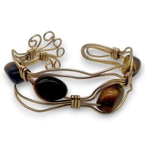 Gold Filled Wire Wrapped Cuff Bracelet Gold Tiger Eye Stone Boho
